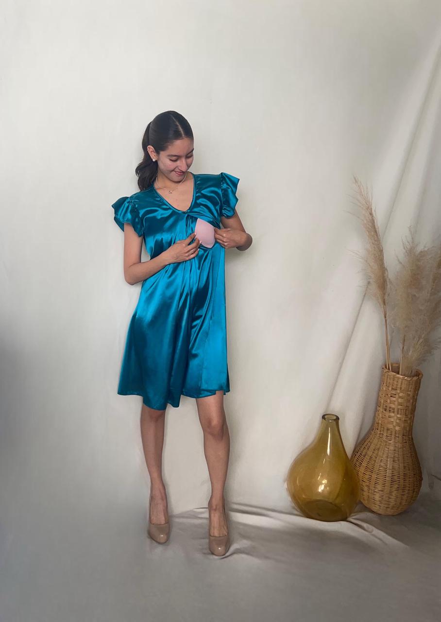 Vestido de maternidad y lactancia Bertha, azul verdoso
