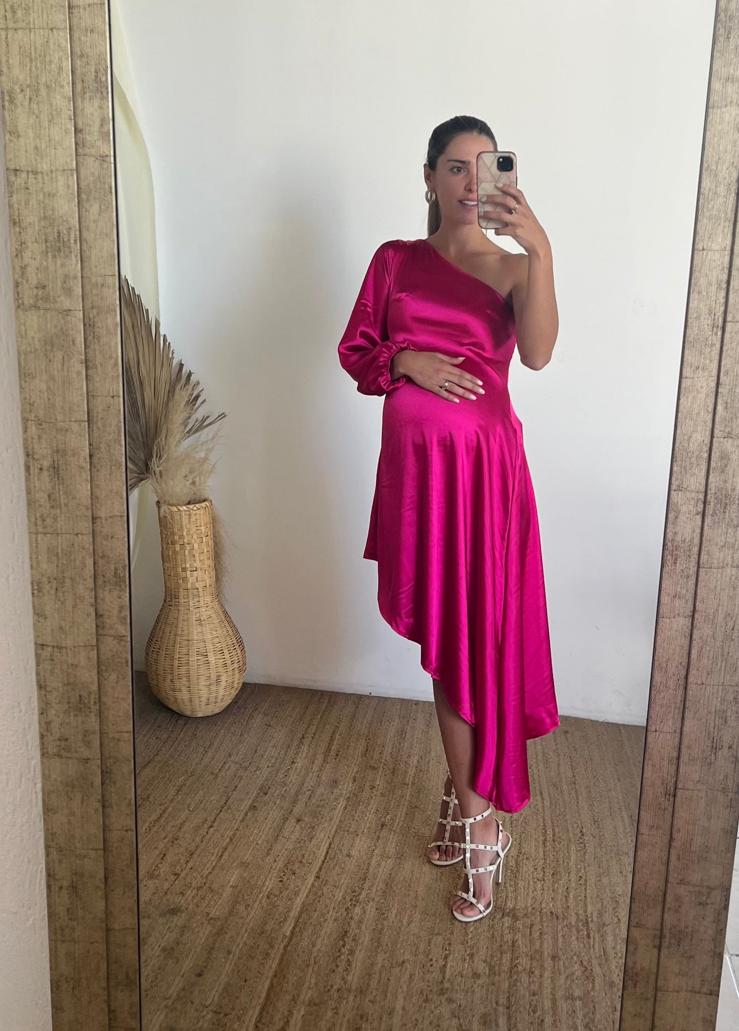 Vestido maternidad Samantha, rosa Barbie brilloso CH, M, G