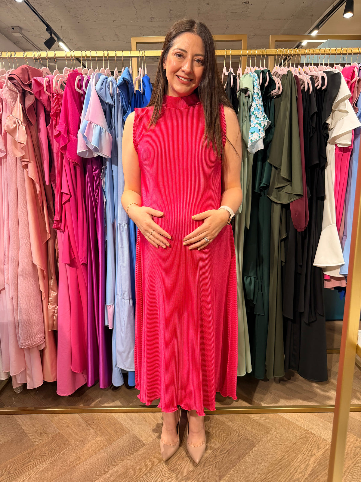 Vestido de maternidad Sonia, rosa rayas corrugado M