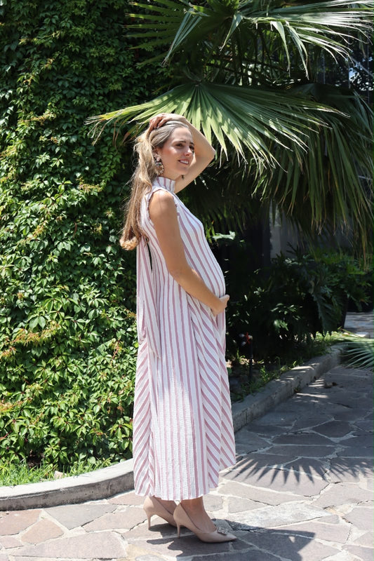 Vestido de maternidad Sonia, Ivory franjas rosas