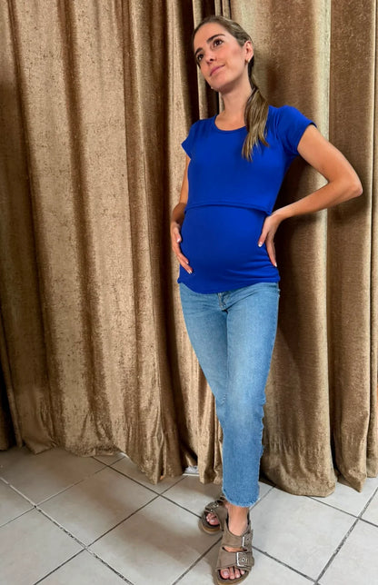 Blusa de maternidad y lactancia algodón azul rey