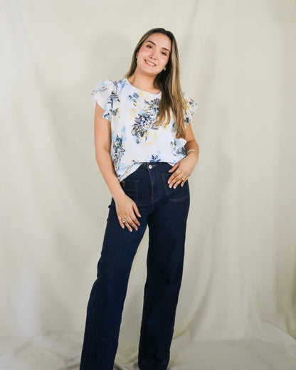 Blusa de lactancia, Adri azul florecitas con amarillo