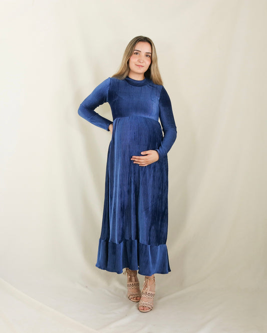Vestido de maternidad, azul terciopelo rayas Gaby largo