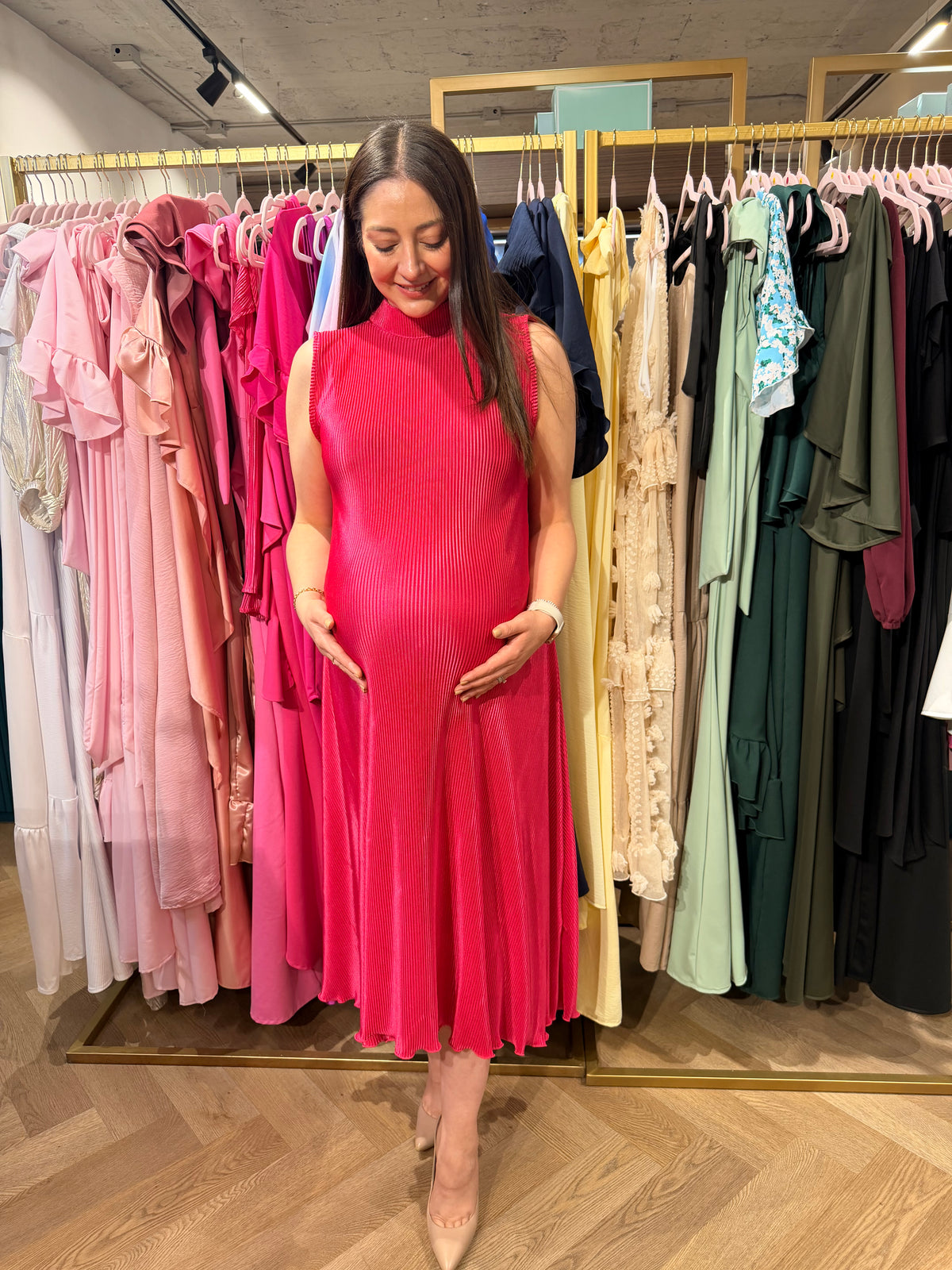 Vestido de maternidad Sonia, rosa rayas corrugado M