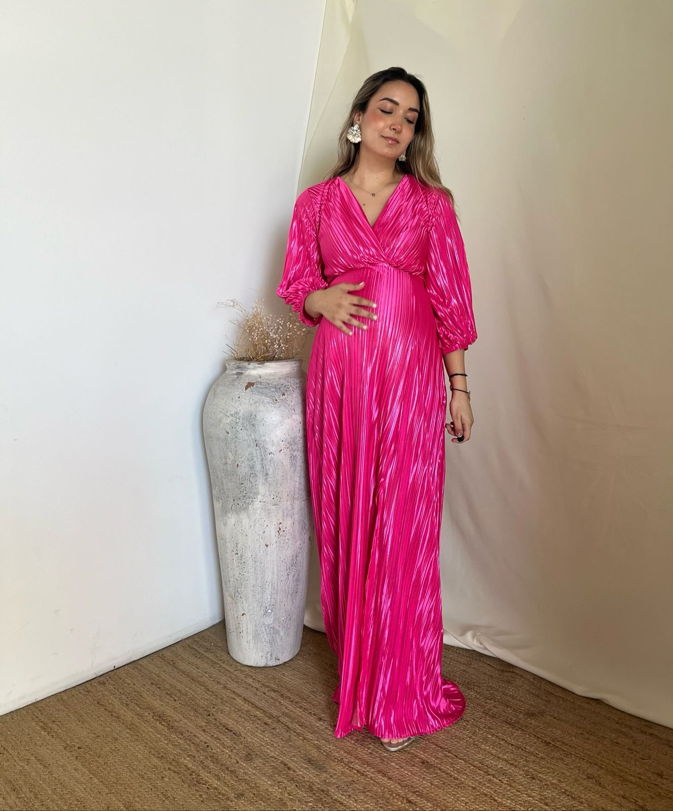 Vestido de maternidad, Nicole rosa neón corrugado CH, M