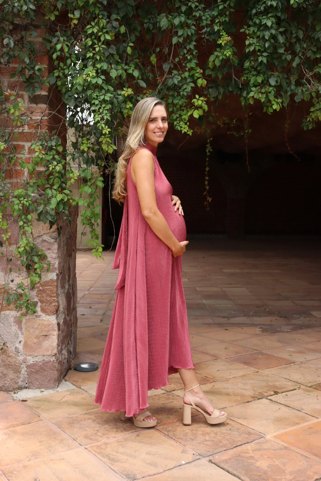 Vestido de maternidad Sonia, rosa quemado corrugado G, M