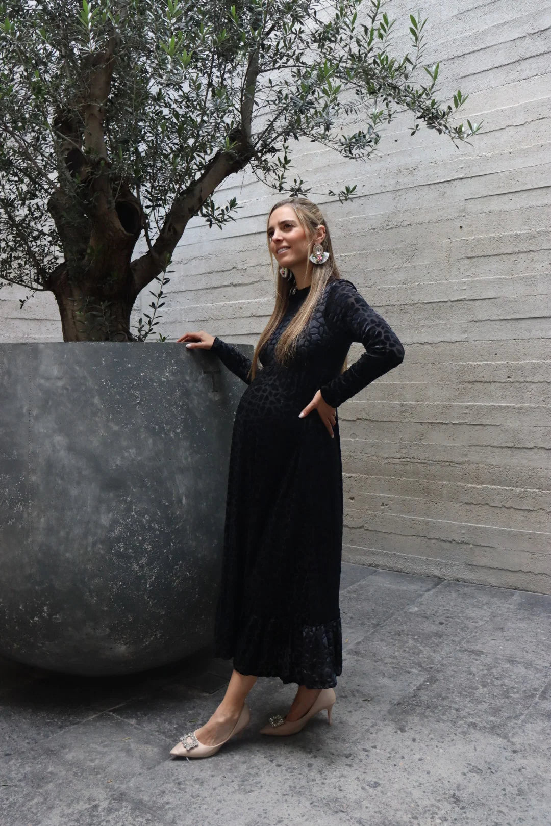 Vestido de maternidad, Gaby, negro terciopelo textura CH