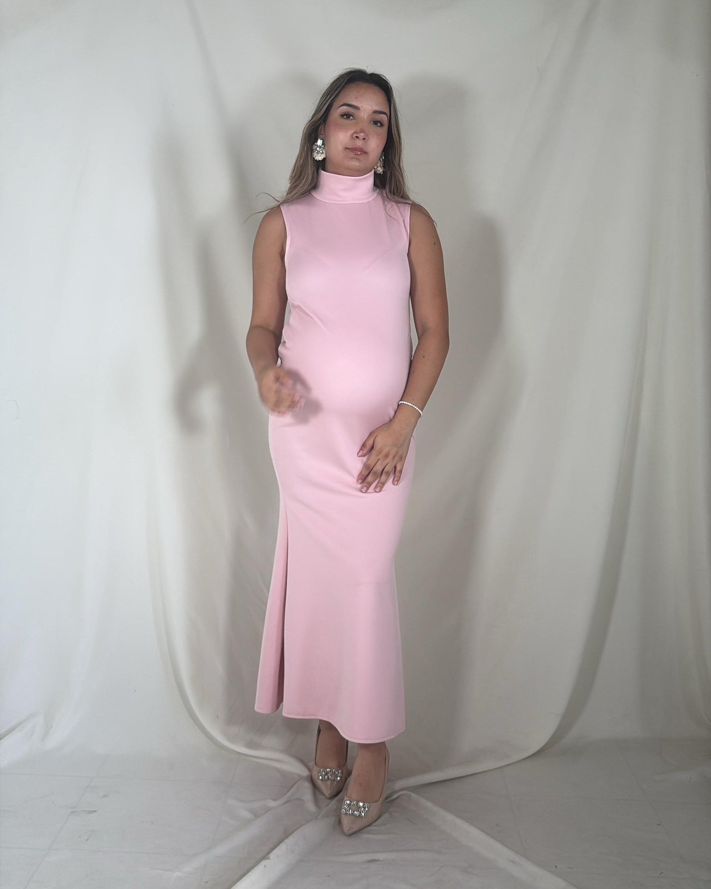 Vestido de maternidad, cuello de tortuga rosa claro licra