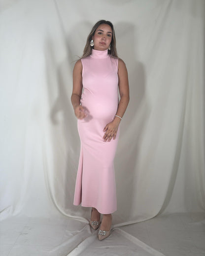Vestido de maternidad, cuello de tortuga rosa claro licra