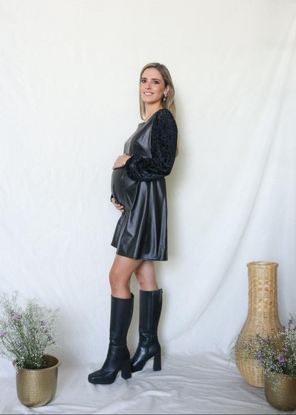 Vestido de maternidad, Irma negro vinipiel/terciopelo