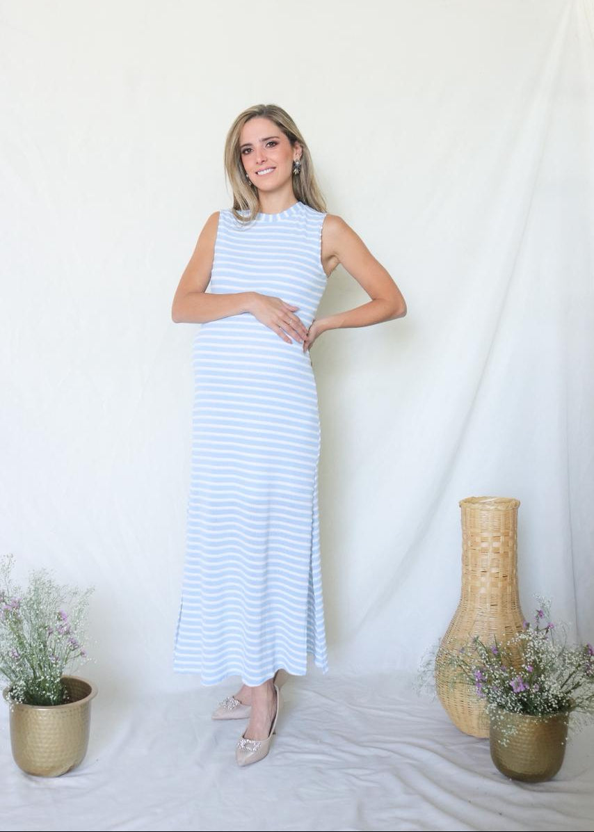 Vestido de maternidad Leslie, azul cielo rayas