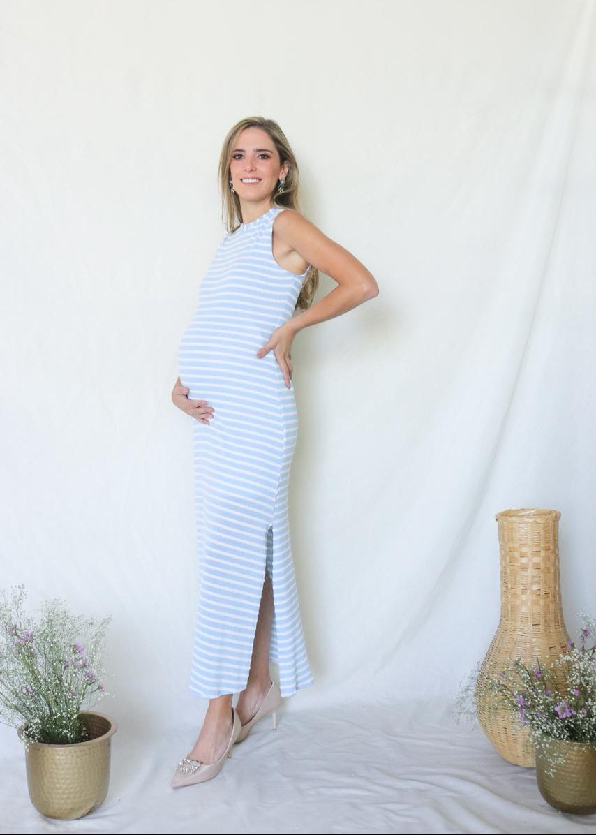 Vestido de maternidad Leslie, azul cielo rayas