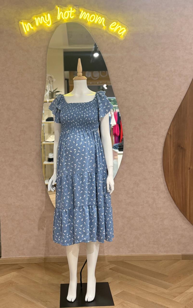Vestido maternidad, azul con florecitas blancas