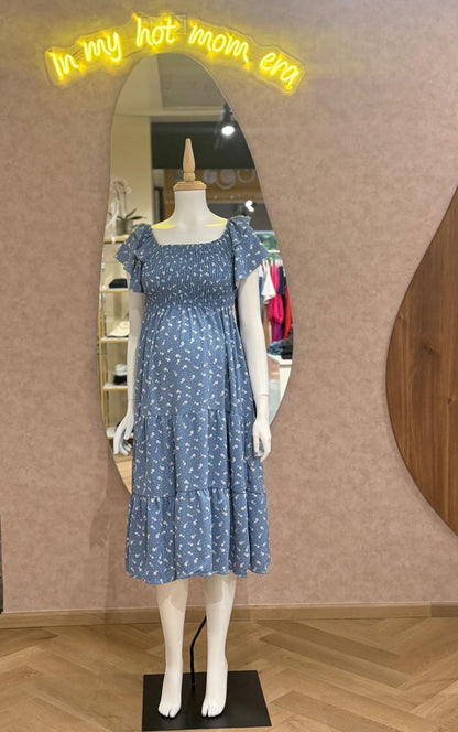 Vestido maternidad, azul con florecitas blancas