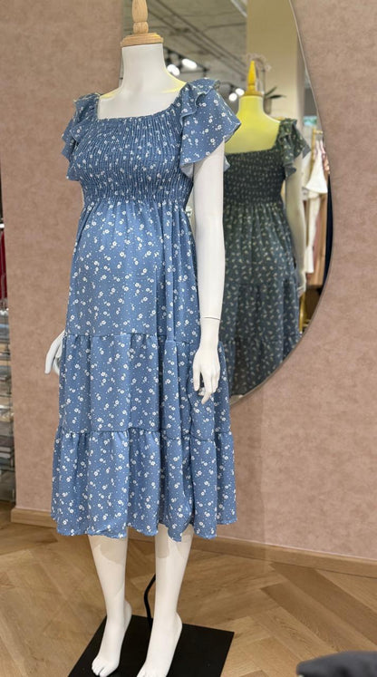 Vestido maternidad, azul con florecitas blancas