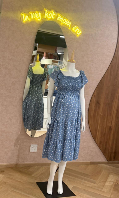 Vestido maternidad, azul con florecitas blancas