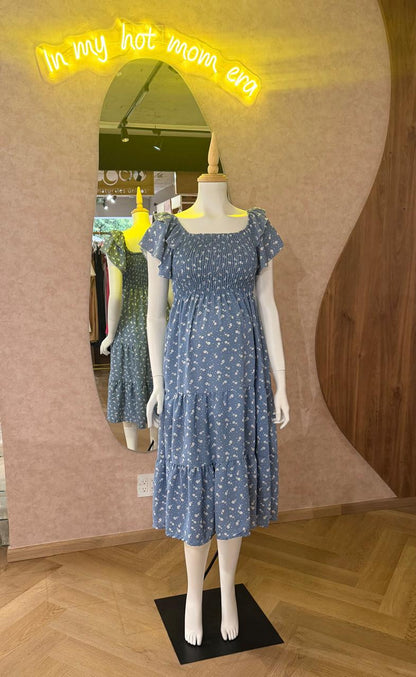 Vestido maternidad, azul con florecitas blancas