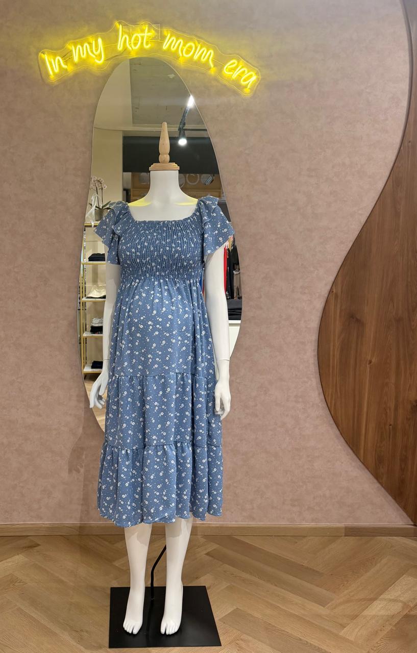 Vestido maternidad, azul con florecitas blancas