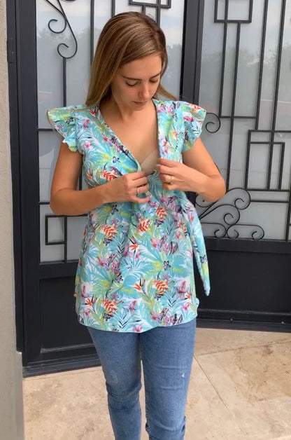 Blusa de maternidad y lactancia, Brescia Azul flores aqua