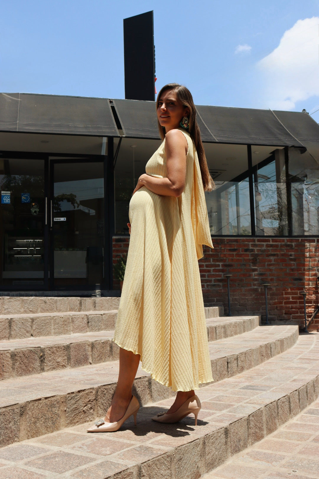 Vestido de maternidad Sonia, amarillo rayas textura CH